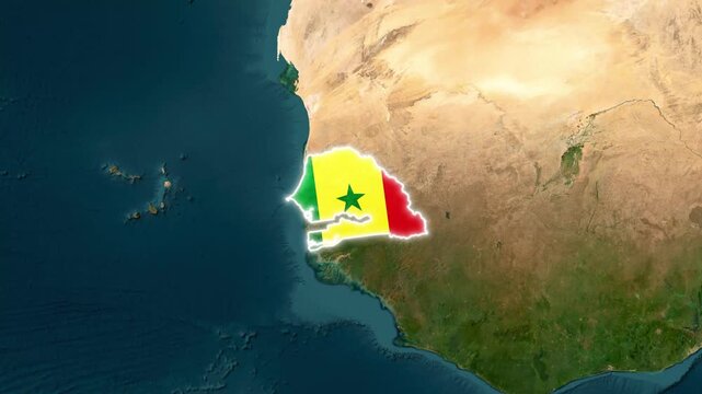 Senegal map with national flag overlay, satellite view of West African geography, zoom in transition showing country borders and terrain details for geopolitical and educational presentations