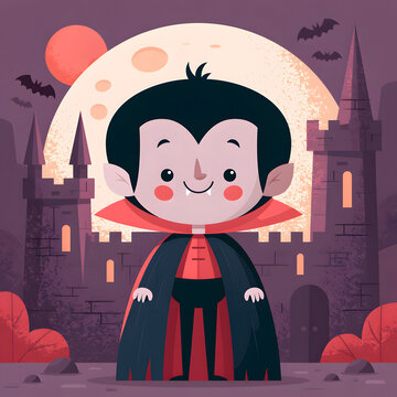 Cute cartoon vampire character standing in front of a spooky castle at full moon night