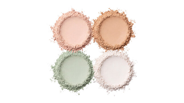 Four shades of loose powder makeup in circular png on isolated transparent background