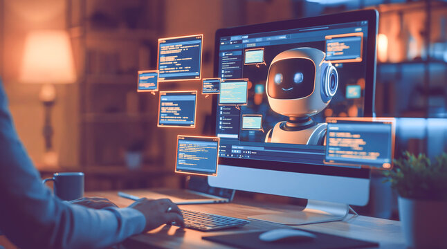 Robot Assistant Working With Coding Screens On Monitors In Cozy Office Lighting
