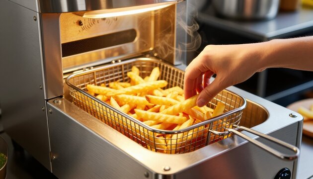 Hand placing frozen potato fries into a shiny stainless steel fryer ready for cooking