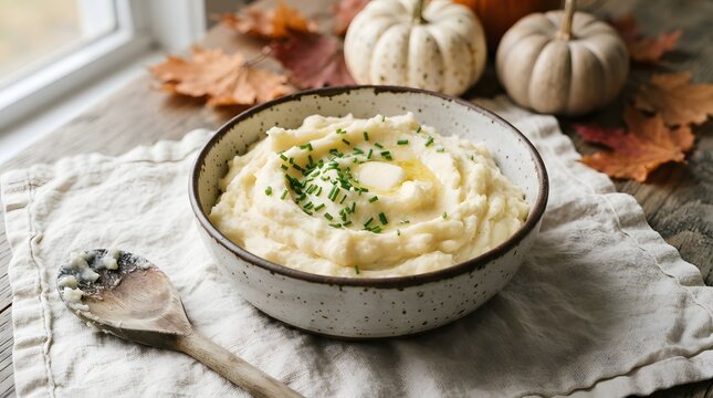 Creamy mashed potatoes with butter and chives in a rustic bowl with autumn pumpkins and leaves