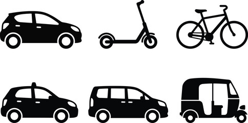 Fototapeta premium Set of various urban transportation vehicle silhouettes including cars scooter bicycle and rickshaw
