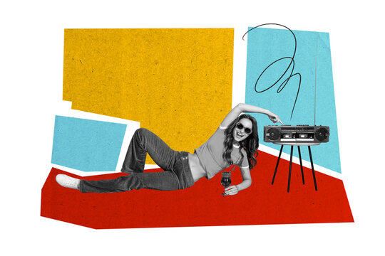 Exclusive art banner collage of happy carefree girl hold cocktail alcohol beverage lie dancehall point retro boombox music party