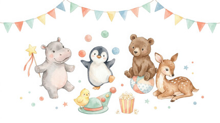 Fototapeta premium Cute watercolor safari animals with penguin, hippo, bear, and deer under generated using ai