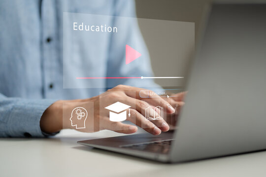 Concept of Online education. man use Online education training and e-learning webinar on internet for personal development and professional qualifications. Digital courses to develop new skills.