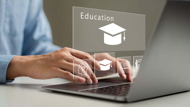 Concept of Online education. man use Online education training and e-learning webinar on internet for personal development and professional qualifications. Digital courses to develop new skills.