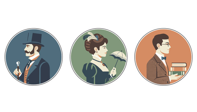 Set of three elegant vintage portraits of victorian era aristocrats and intellectual man in circular frames vector.