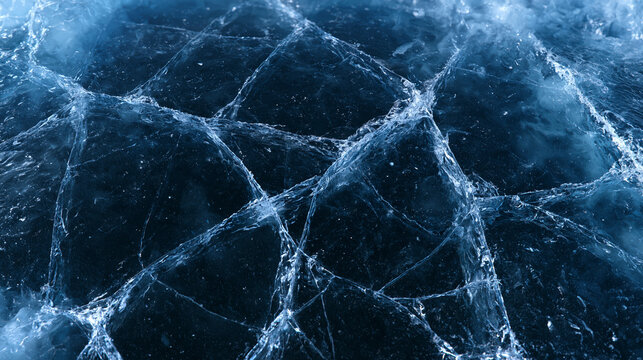 Cracked Blue Ice Texture on Frozen Lake Surface