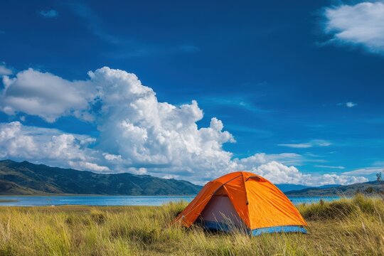 Orange camping tent set up in a meadow near a scenic lake with rolling hills under a bright summer sky adventure landscape vacation wilderness backpacker recreation basecamp peaceful