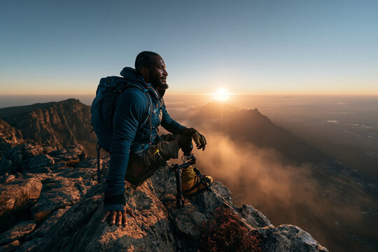 Amputee Hiker with Prosthetic Leg on Mountain Summit at Sunrise