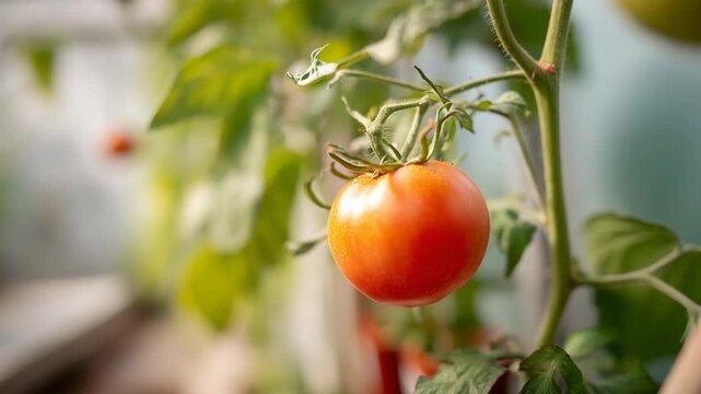 Fresh tomato growing on the vine captured in sharp focus with a softly blurred garden backdrop and bright natural lighting enhancing its smooth vibrant surface