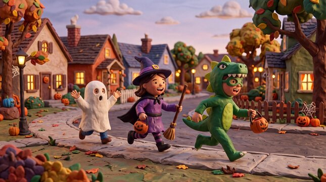 Clay Style Children Trick or Treating in Costumes on Halloween