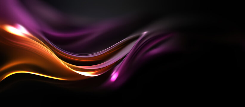 Abstract panoramic background with flowing liquid waves of glowing orange and purple neon light