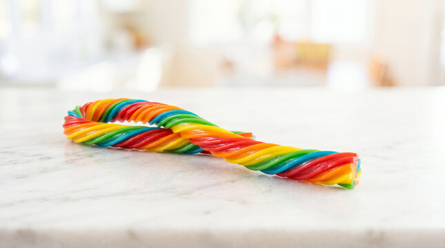 Twisted rainbow licorice candy stick on a marble surface  