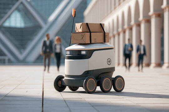Autonomous Delivery Robot Carrying Packages on City Street