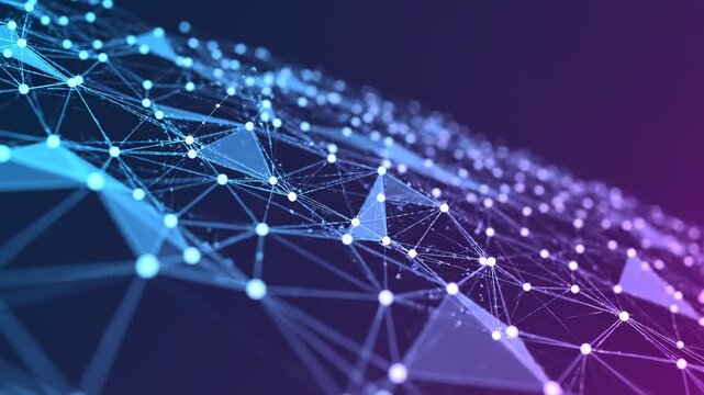Digital network evolving with glowing nodes and connections in a gradient purple blue futuristic abstract background