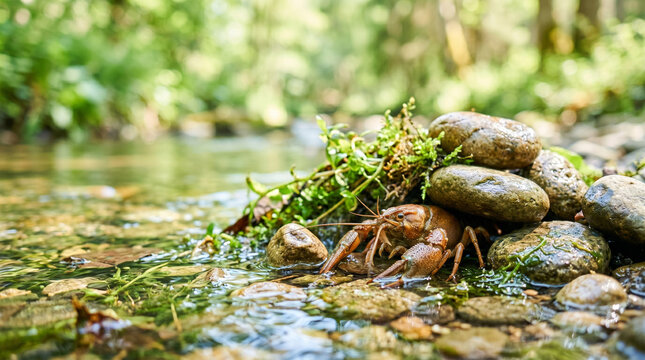 Crayfish hiding among rocks in a forest creek with lush greenery  