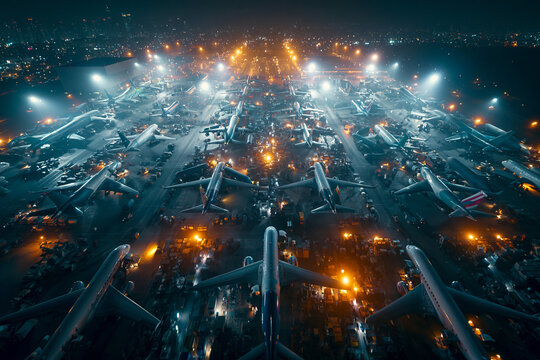 Aerial Night View of Grounded Airplanes on Crowded Airport Tarmac