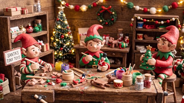 Christmas Elves Making Handcrafted Toys in Santa Workshop