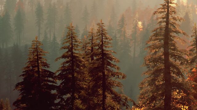 Flames spread through trees in a forest at midday. Smoke rises into the sky as the fire burns through the vegetation. The scene shows destruction in a remote area of wilderness.