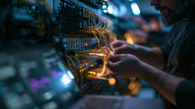 IT Technician Connecting Network Cables in Server Room