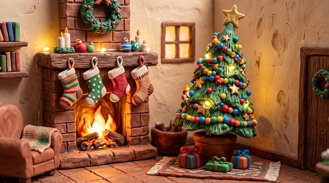 Clay Christmas Tree and Fireplace in Cozy Room
