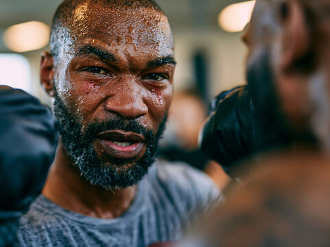 Sweaty Male Boxer Sparring During Intense Boxing Training