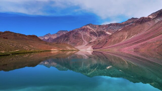 Beautiful Blue Chandratal Lake Surrounded by Rugged Himalayan Peaks and Rocky Landscapes in Spiti Valley, Himachal Pradesh, Captured from a Drone