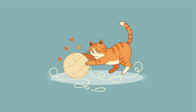 Playful orange tabby cat happily pushing large ball of beige yarn on soft rug with decorative paw prints in the background.