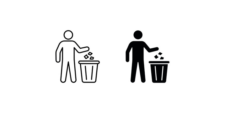 Man throwing trash line and glyph icons representing recycling clean up habit and litter waste management symbol.