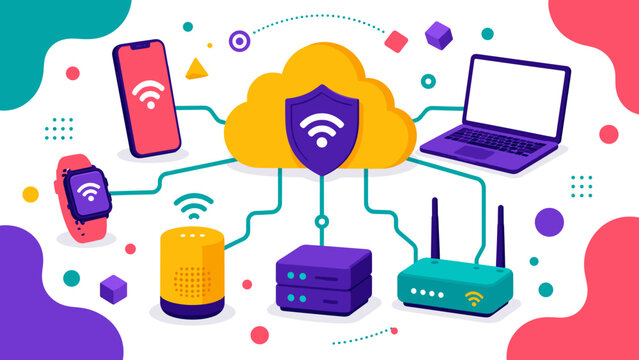 Modern devices connect to a secure cloud network. Smartphones, laptops, and wearables share data wirelessly. Shielded cloud symbolizes digital security and privacy