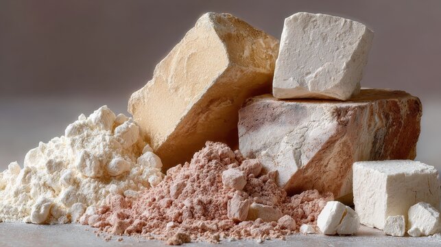 Still life of edible clay chunks and powder, various colors. It's useful for health, food, and traditional medicine topics.