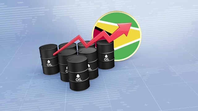 Guyana Oil Price Rising with Oil Barrels and Upward Red Arrow, 3D Economic and Financial Market Crisis Concept