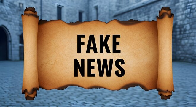 Fake news conceptual text printed on ancient brown parchment paper scroll with blurred medieval stone castle courtyard background setting