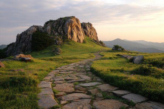 Stone pathway winding up a grassy hill to rocky mountain peaks at sunrise with mountain landscape climbing trekking adventure destination environment wilderness exploration elevation