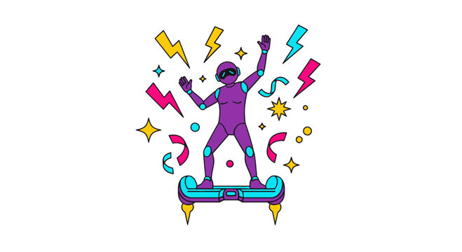 A vibrant illustration of a person riding a hoverboard with neon energy effects.
