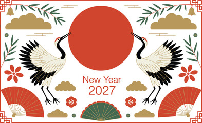 Fototapeta premium Crane bird oriental composition with red sun and folding fans for greeting card design