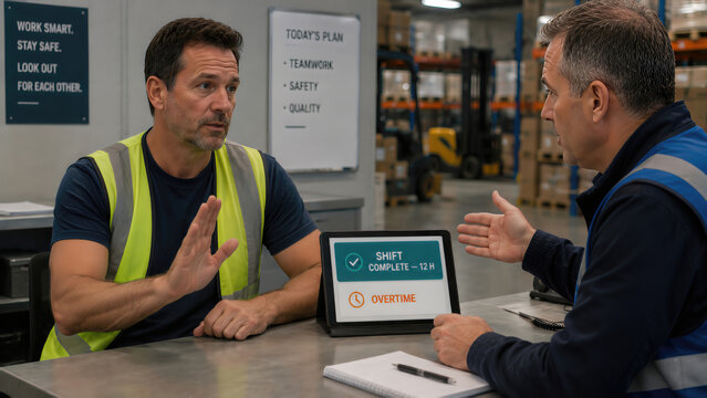 Warehouse Team Discussing Overtime and Shift Fatigue Prevention