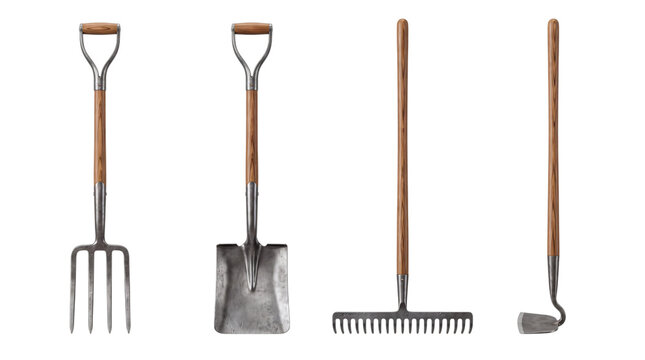 Set of four gardening tools with wooden handles png on isolated transparent background