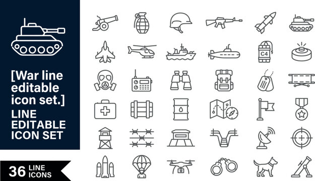 Set of 36 war and military line icons including tank, weapons, vehicles, and tactical equipment, vector illustration