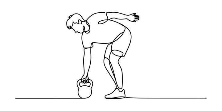 A continuous single line drawing of a young athletic man doing a kettlebell exercise workout in a gym to build strong body muscles and stay healthy fitness Vector, illustration