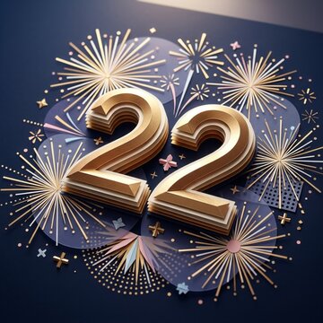 Luxury Golden 3D Number 22 Celebration Background with Festive Fireworks and Sparkles on Dark Blue