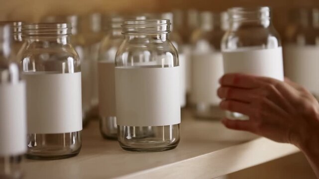 Hand holding clear glass jar with blank label moves among rows of empty containers on bright shelf, showing careful arrangement in warm indoor workspace with soft focus background