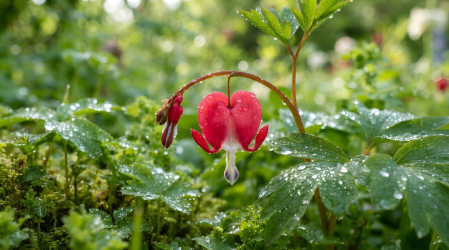 Single bleeding heart flower with water droplets on green leaves in a garden