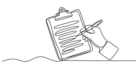 Continuous single line drawing of a hand holding a pen and writing on a clipboard paper document for business tasks and office work management concept art Vector, illustration © Rimi Kailash Arts