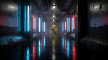 Fototapeta premium Futuristic scifi corridor with glowing blue and red neon lights, metallic walls, and atmospheric smoke in a dark industrial space, 3d render