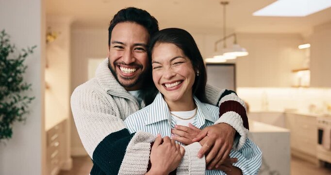 Face, couple and love in living room with hug, good mood and bonding together for happy relationship. People, dating and embrace in house with romantic connection, care and commitment to partner.