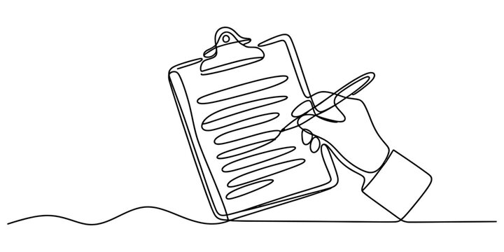 Continuous single line drawing of a hand holding a pen and writing on a clipboard paper document for business tasks and office work management concept art Vector, illustration