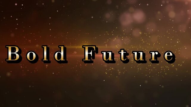 Golden text animation moves across a dark background with floating dust particles with particles glowing bokeh sliding across video golden with typography
